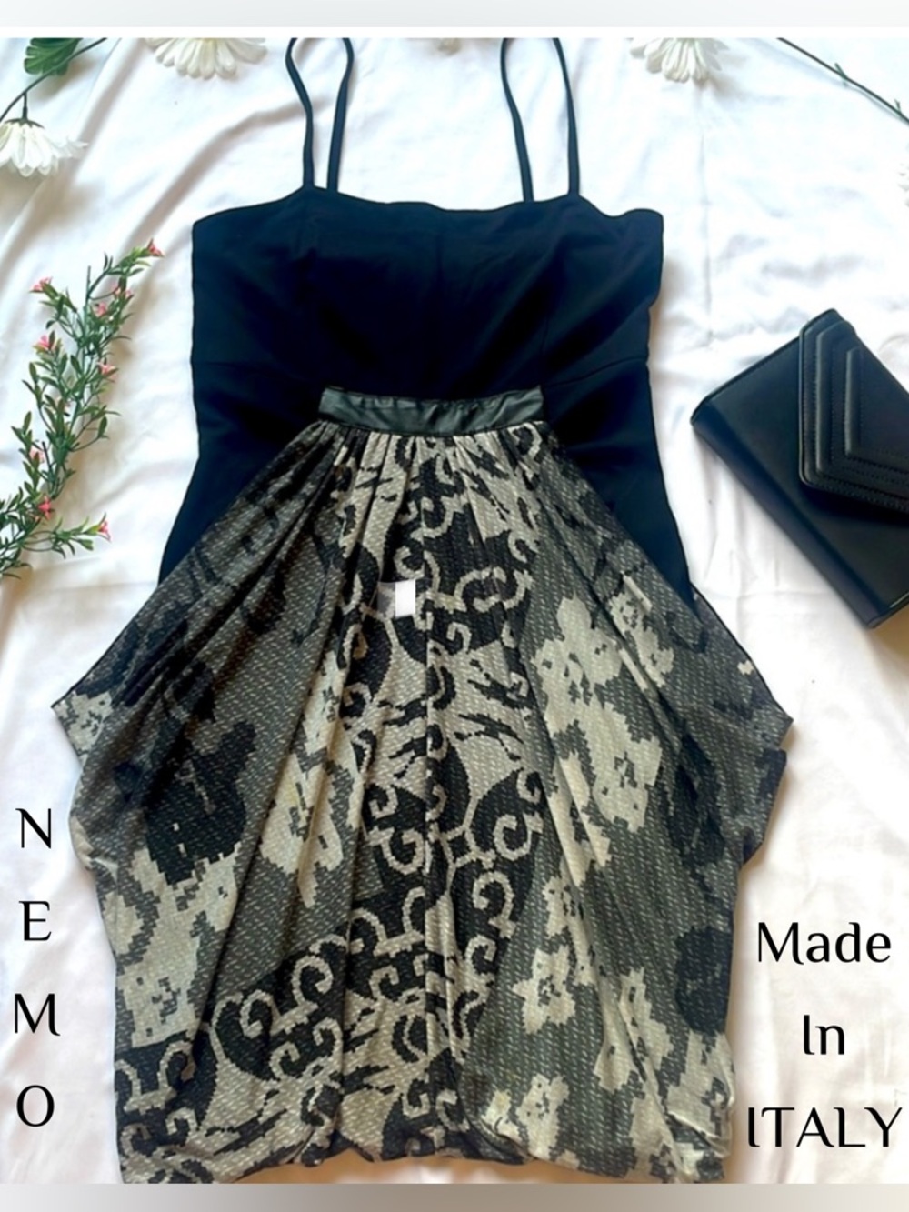 Nemo Italy Dress Size S M Black Gray Strappy Open Back Draped Pocket Midi
